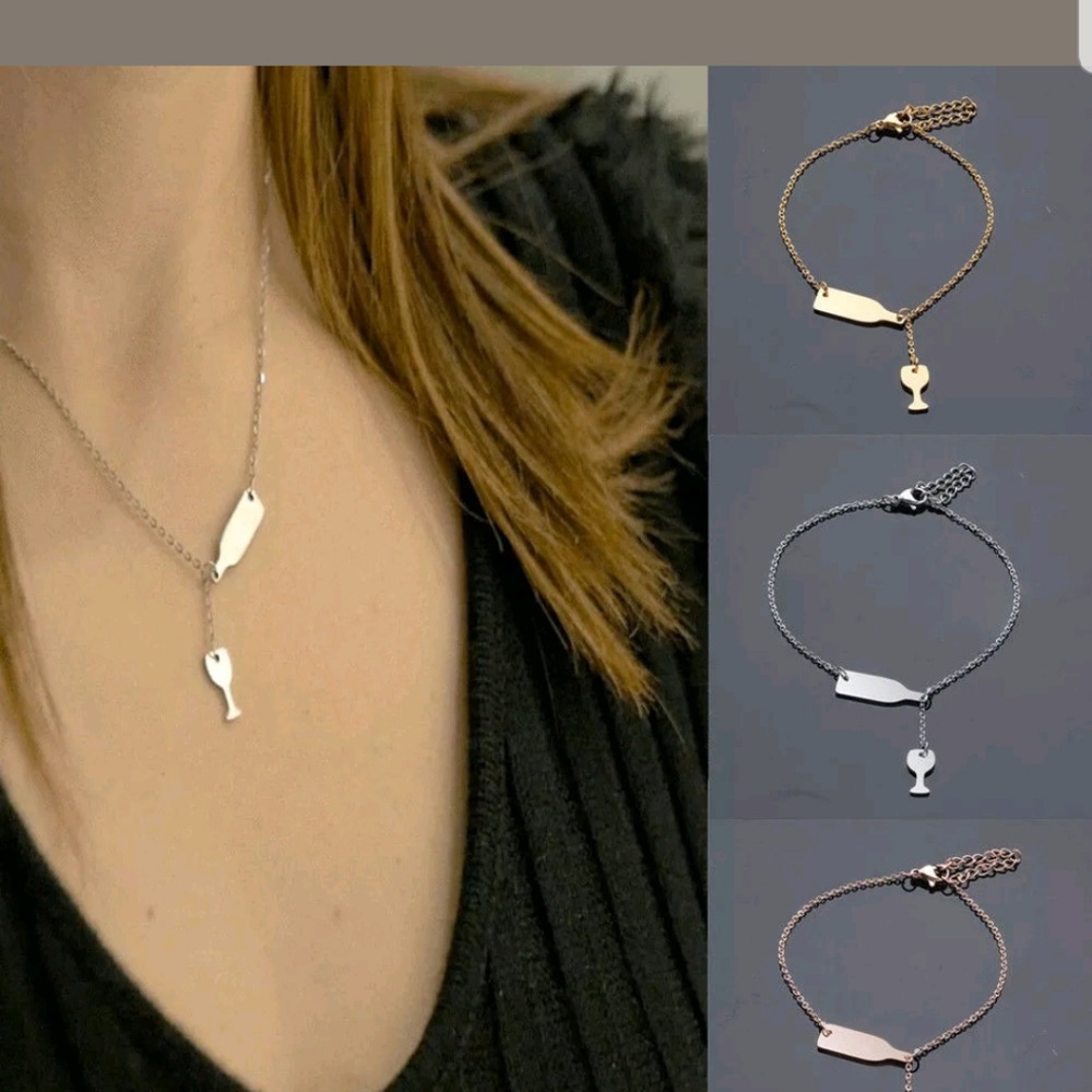 Wine Beer Cup Bottle Pendant Stainless Stell Neckl